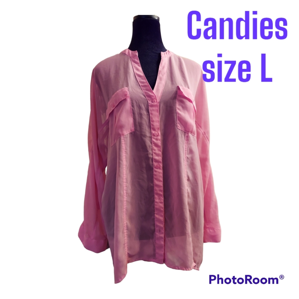 Candie's blouse size L lightweight pink v-neck 2 pockets